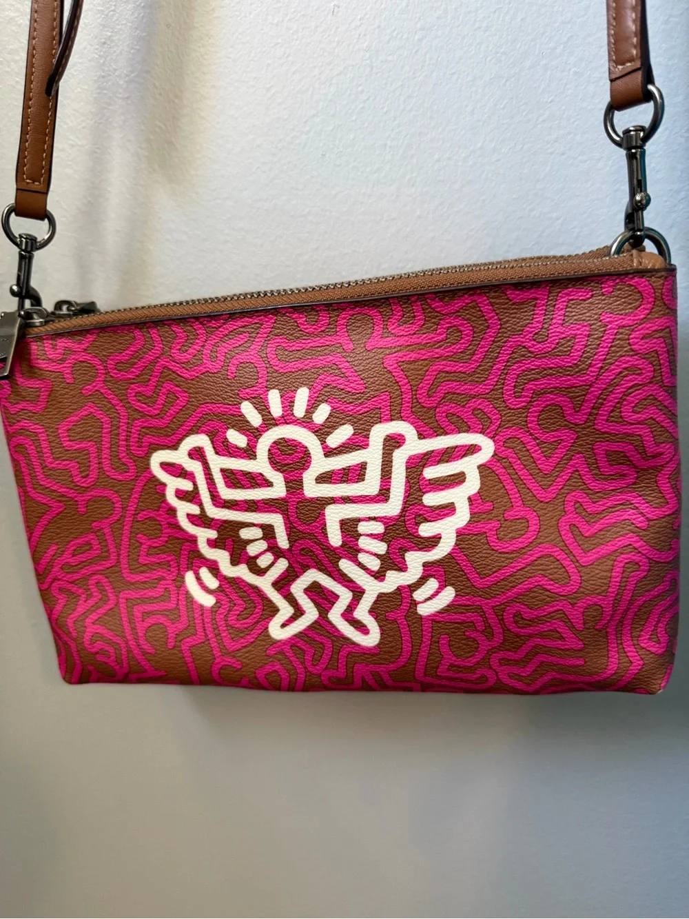 COACH x Keith Haring Lyla Crossbody Bag F11773 Fuchsia Brown Flying Angel Art